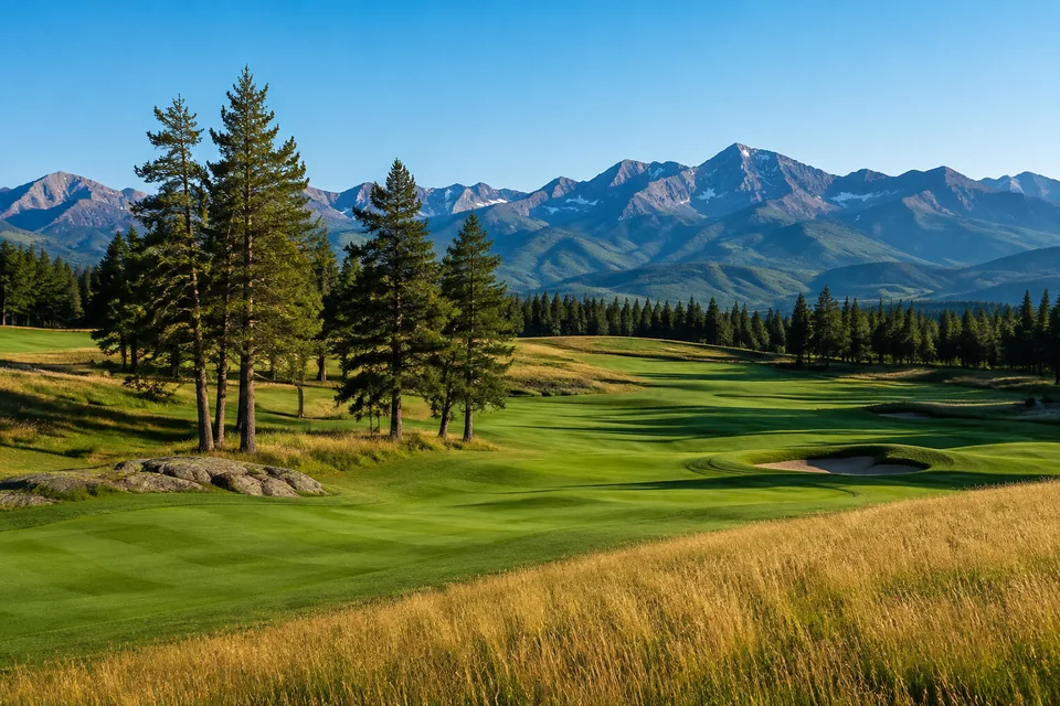 AI-generated illustration of a meadow fairway with mature trees and distant mountain ridges; not an actual course photograph