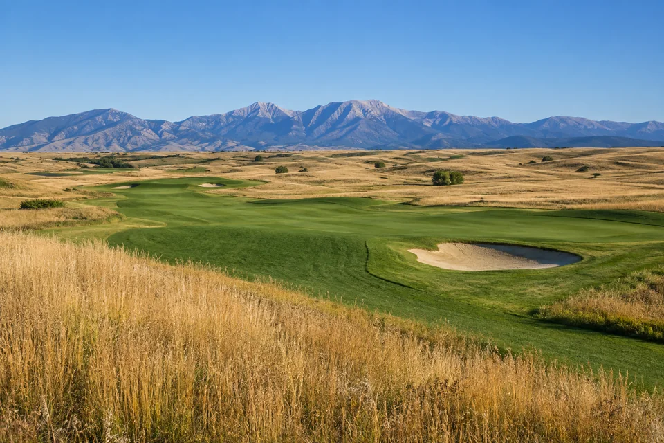 AI-generated illustration of an open prairie fairway bordered by golden native grasses; not an actual course photograph