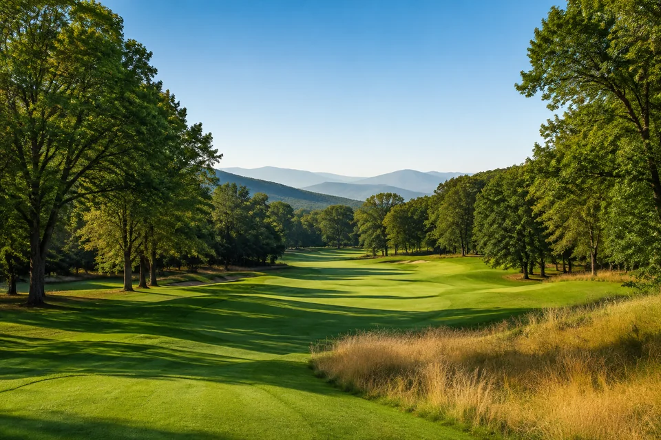 AI-generated illustration of a parkland fairway framed by mature leafy trees; not an actual course photograph