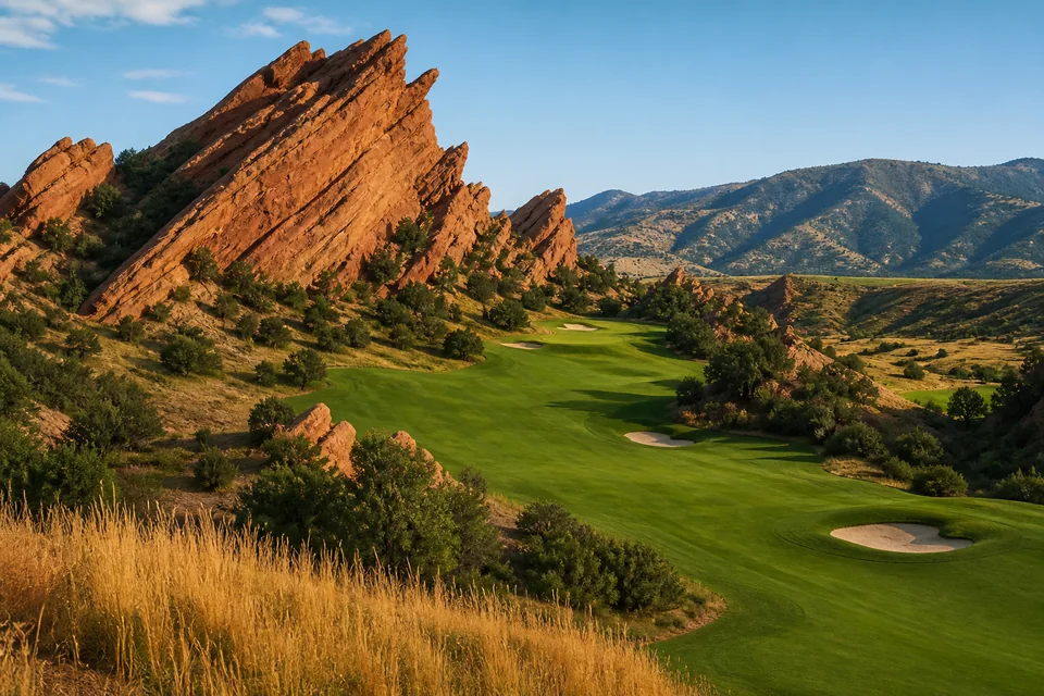 AI-generated illustration of red sandstone formations beside a green fairway; not an actual course photograph