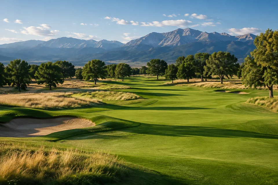 AI-generated illustration of rolling fairways, scattered trees, and a distant mountain horizon; not an actual course photograph